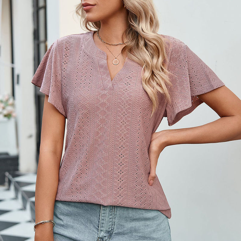 LB | Ladies V-Neck Flutter Ruffle Hollow Out Solid Koszulka z krótkim rękawem