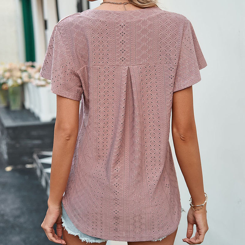 LB | Ladies V-Neck Flutter Ruffle Hollow Out Solid Koszulka z krótkim rękawem