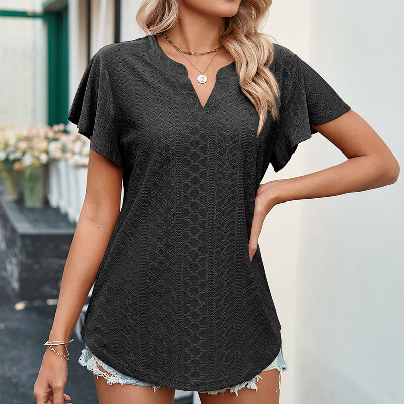 LB | Ladies V-Neck Flutter Ruffle Hollow Out Solid Koszulka z krótkim rękawem