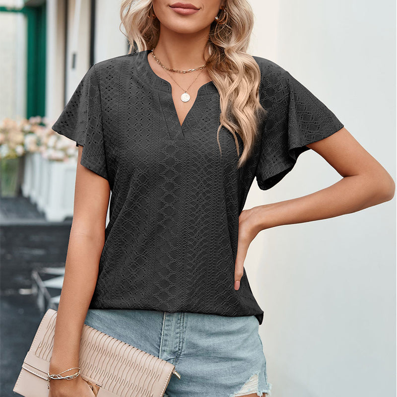 LB | Ladies V-Neck Flutter Ruffle Hollow Out Solid Koszulka z krótkim rękawem