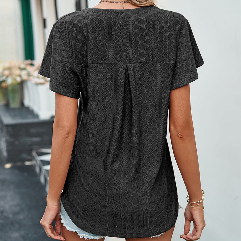 LB | Ladies V-Neck Flutter Ruffle Hollow Out Solid Koszulka z krótkim rękawem