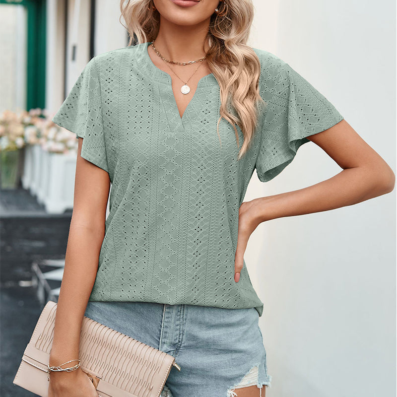 LB | Ladies V-Neck Flutter Ruffle Hollow Out Solid Koszulka z krótkim rękawem