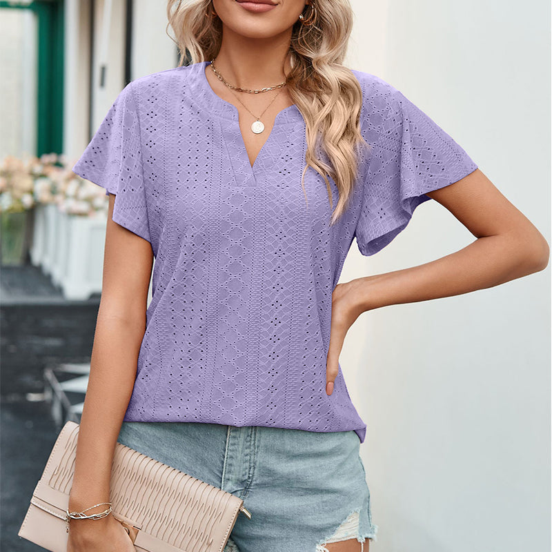 LB | Ladies V-Neck Flutter Ruffle Hollow Out Solid Koszulka z krótkim rękawem