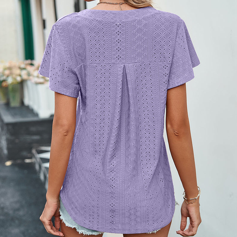 LB | Ladies V-Neck Flutter Ruffle Hollow Out Solid Koszulka z krótkim rękawem