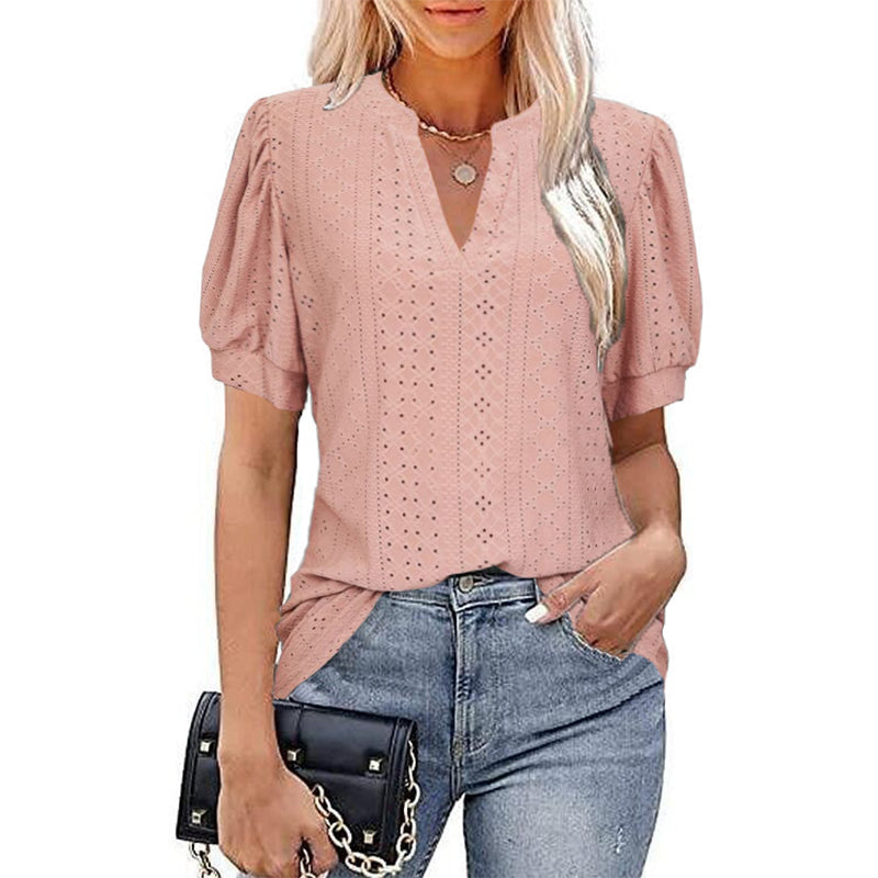 LB | Damska koszulka z krótkim rękawem V-Neck Hollow Out Solid Casual