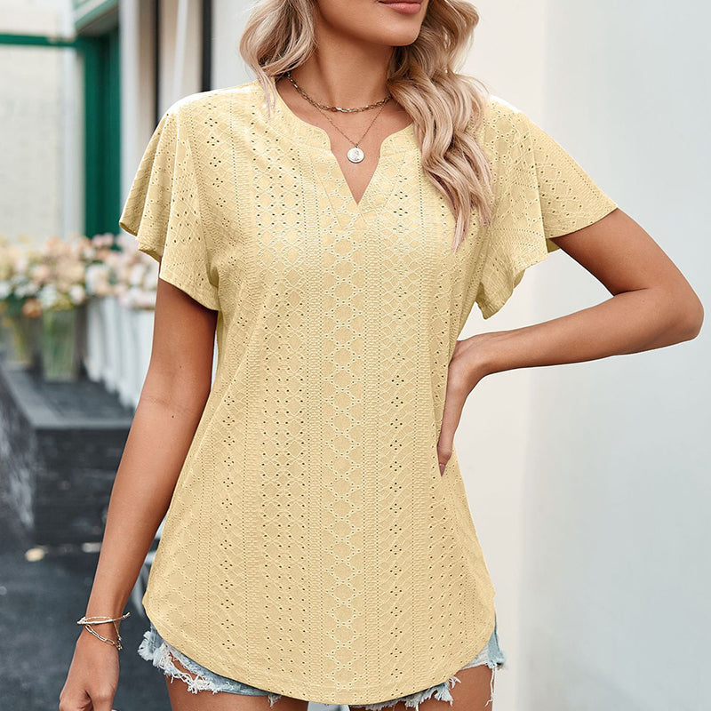LB | Ladies V-Neck Flutter Ruffle Hollow Out Solid Koszulka z krótkim rękawem