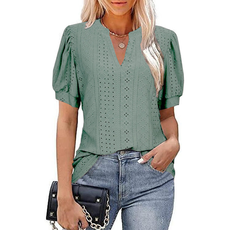 LB | Damska koszulka z krótkim rękawem V-Neck Hollow Out Solid Casual