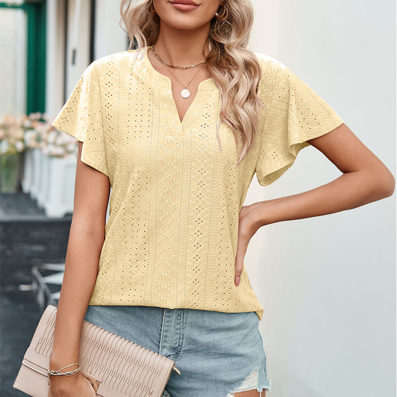 LB | Ladies V-Neck Flutter Ruffle Hollow Out Solid Koszulka z krótkim rękawem