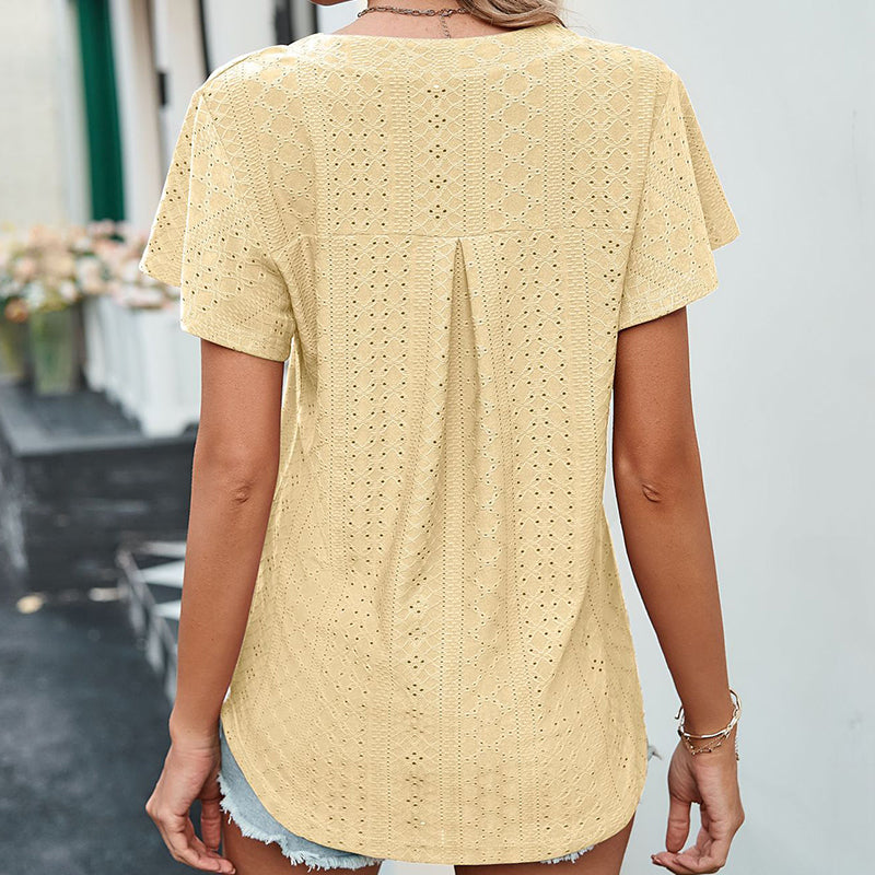 LB | Ladies V-Neck Flutter Ruffle Hollow Out Solid Koszulka z krótkim rękawem