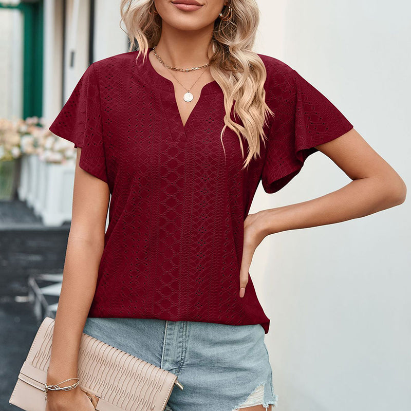 LB | Ladies V-Neck Flutter Ruffle Hollow Out Solid Koszulka z krótkim rękawem