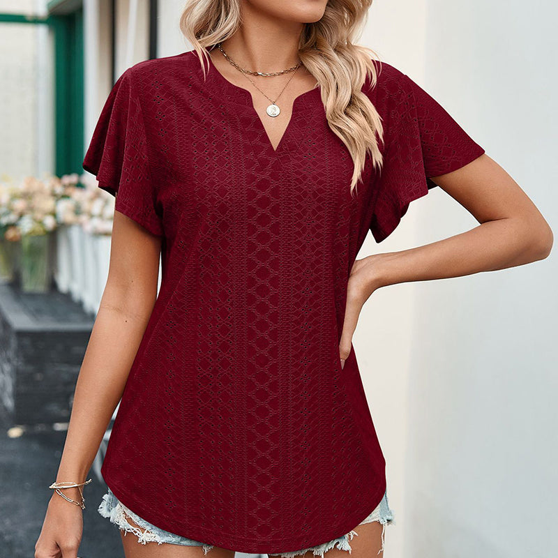 LB | Ladies V-Neck Flutter Ruffle Hollow Out Solid Koszulka z krótkim rękawem