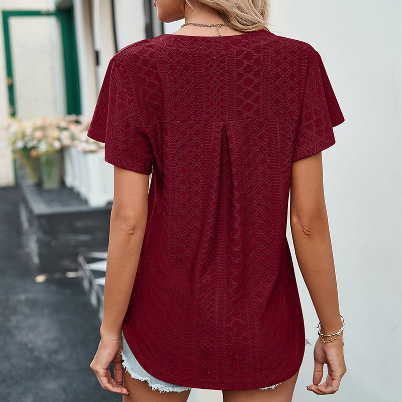 LB | Ladies V-Neck Flutter Ruffle Hollow Out Solid Koszulka z krótkim rękawem