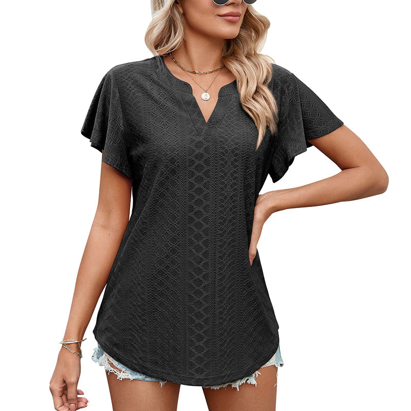 LB | Ladies V-Neck Flutter Ruffle Hollow Out Solid Koszulka z krótkim rękawem