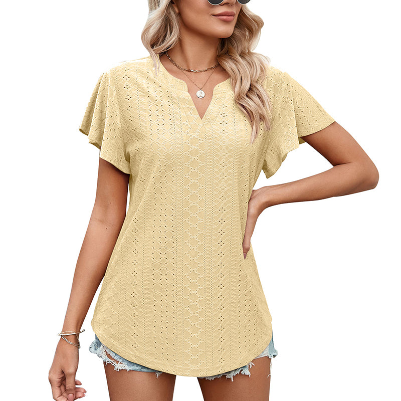 LB | Ladies V-Neck Flutter Ruffle Hollow Out Solid Koszulka z krótkim rękawem