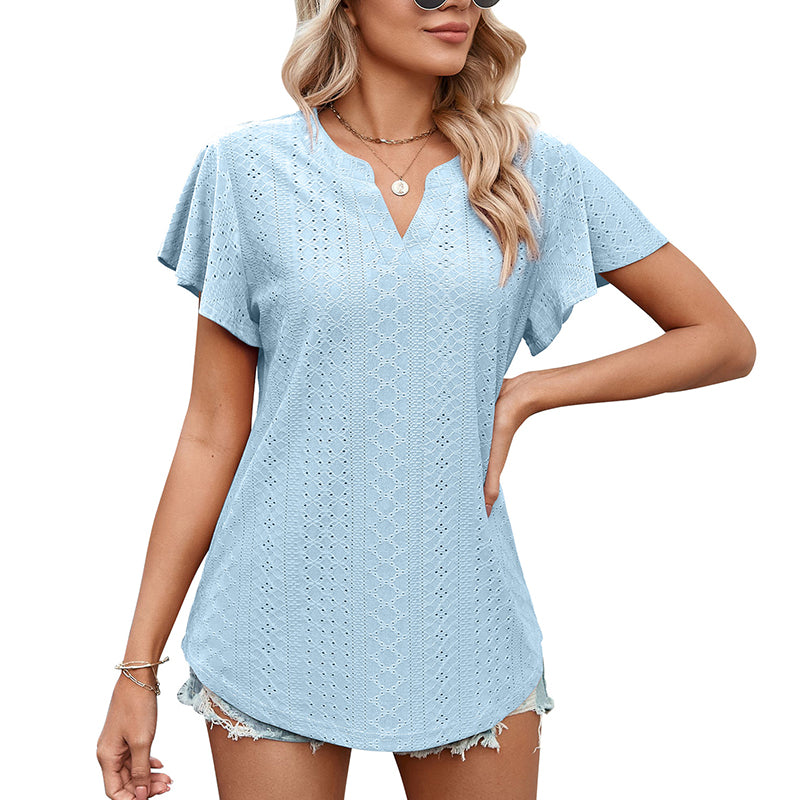 LB | Ladies V-Neck Flutter Ruffle Hollow Out Solid Koszulka z krótkim rękawem