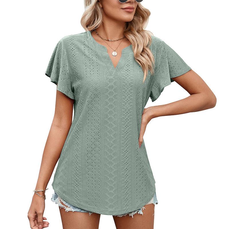 LB | Ladies V-Neck Flutter Ruffle Hollow Out Solid Koszulka z krótkim rękawem