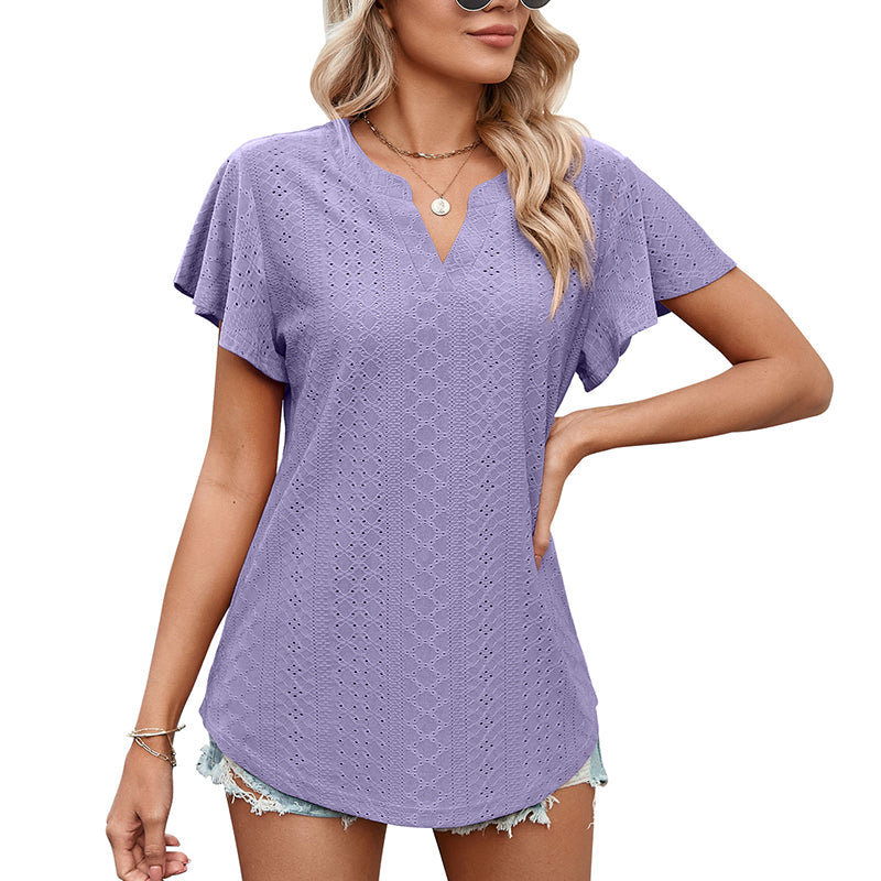 LB | Ladies V-Neck Flutter Ruffle Hollow Out Solid Koszulka z krótkim rękawem