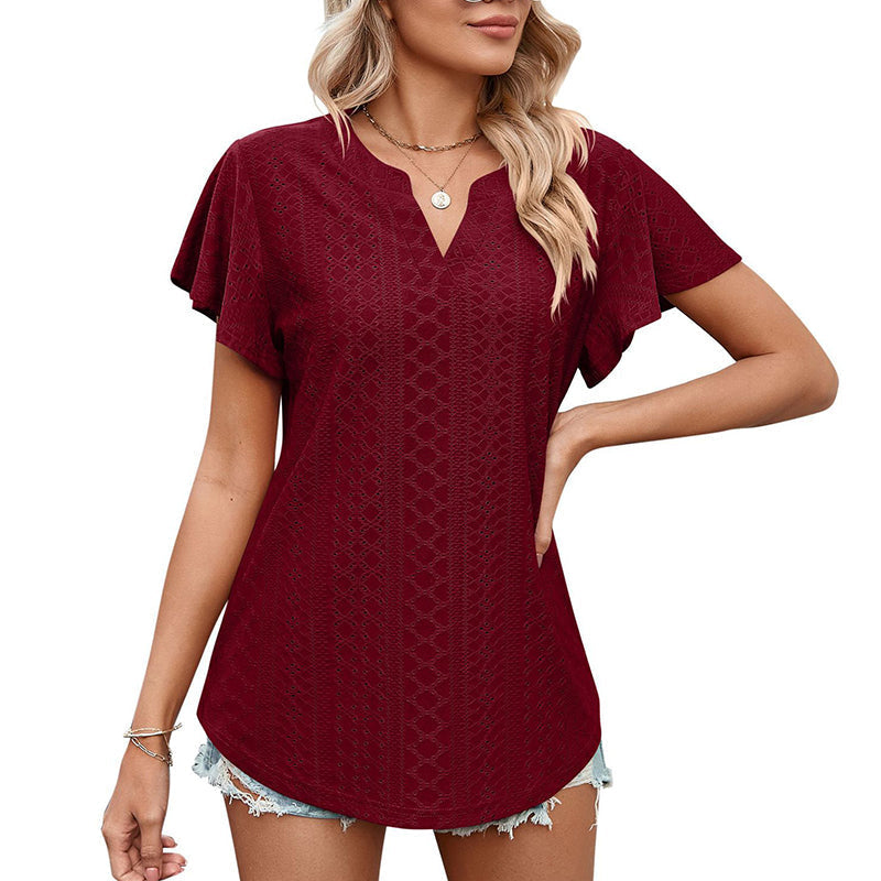 LB | Ladies V-Neck Flutter Ruffle Hollow Out Solid Koszulka z krótkim rękawem