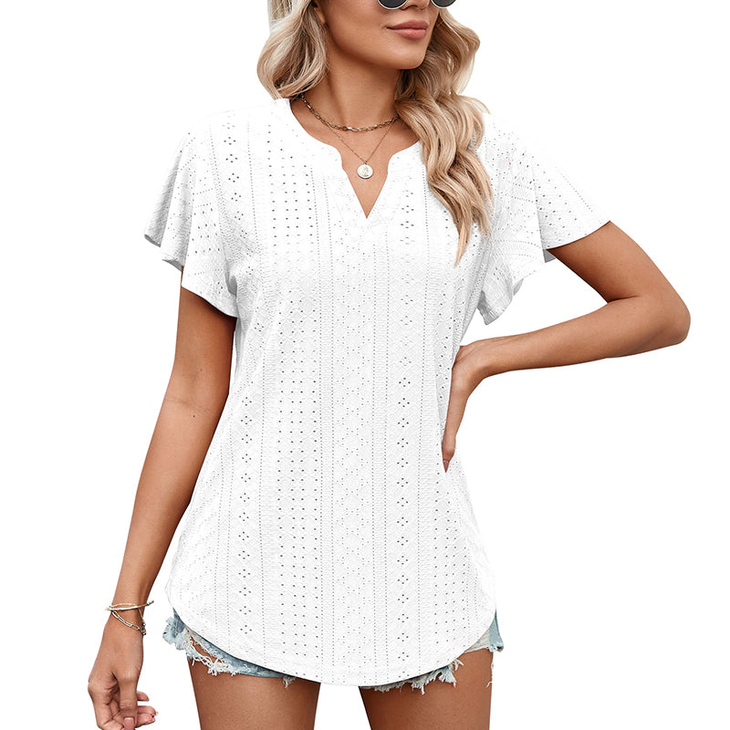 LB | Ladies V-Neck Flutter Ruffle Hollow Out Solid Koszulka z krótkim rękawem