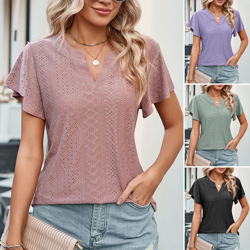 LB | Ladies V-Neck Flutter Ruffle Hollow Out Solid Koszulka z krótkim rękawem
