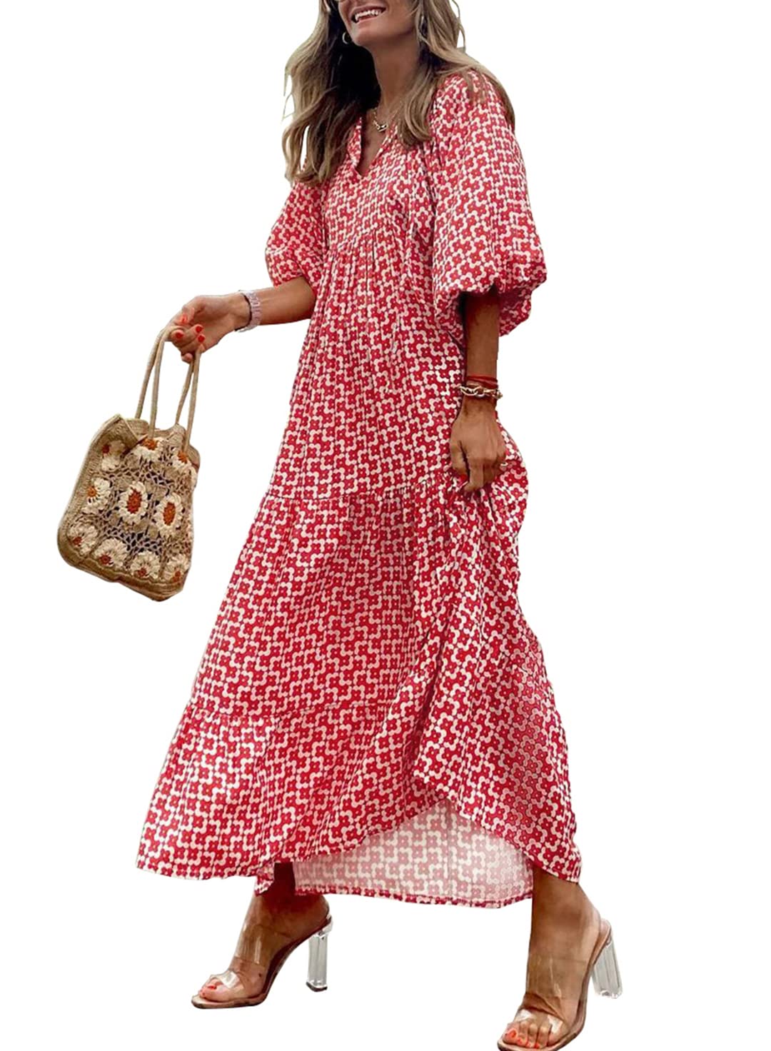 LB | WINONA ���� DAMSKA SUKIENKA MAXI Z BUFIASTYMI RĘKAWAMI W GEOMETRYCZNYM STYLU BOHO