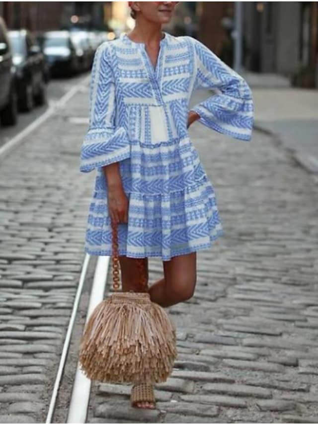 LB | Sukienka Swing Krótka Mini Sukienka Czarny Niebieski Różowy Zielony 3/4 Rękaw Geometryczny Nadruk Wiosna Lato V-Neck Boho Flare Mankiet Rękaw 2021 S M L XL XXL 3XL