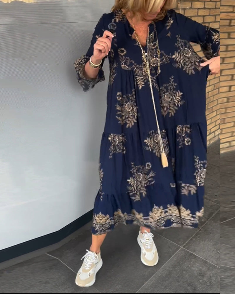 LB | Nora ���� Vintage luźna sukienka midi z dekoltem w szpic