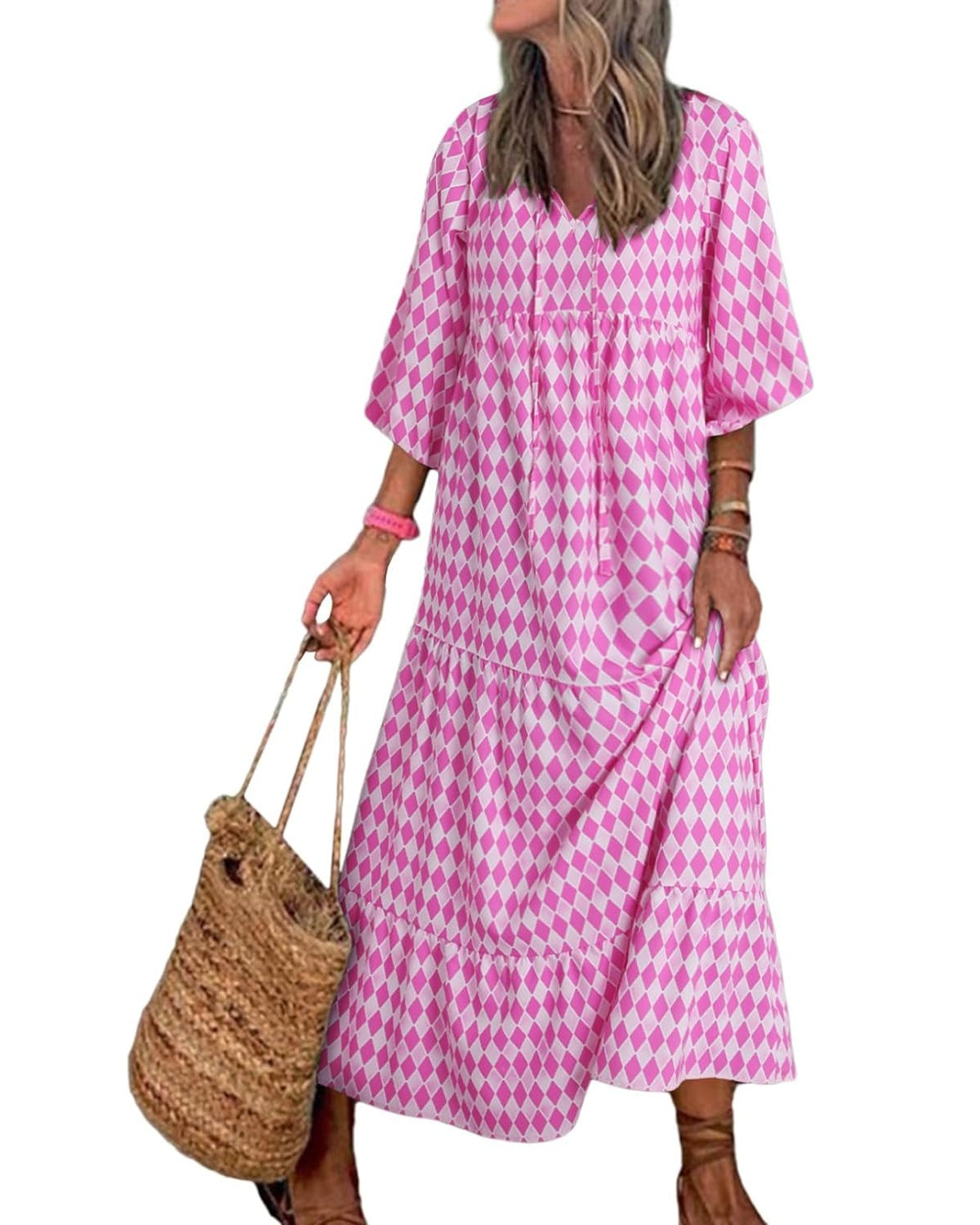 LB | WINONA ���� DAMSKA SUKIENKA MAXI Z BUFIASTYMI RĘKAWAMI W GEOMETRYCZNYM STYLU BOHO