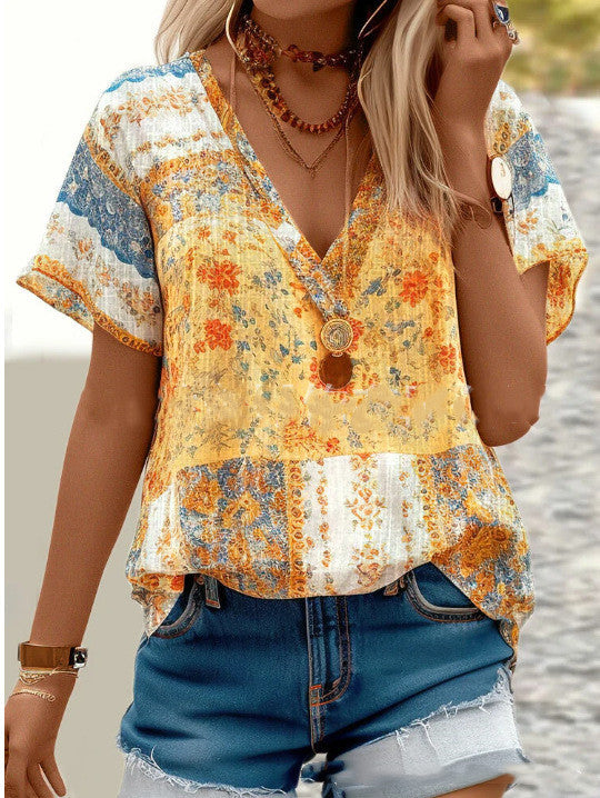 LB | Damska koszulka Boho V-Neck z krótkim rękawem