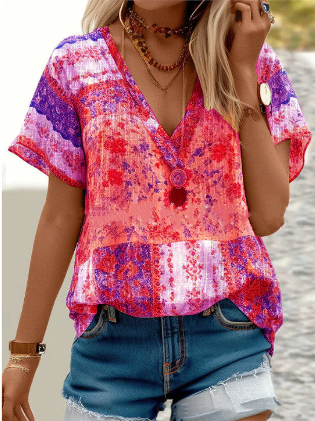 LB | Damska koszulka Boho V-Neck z krótkim rękawem