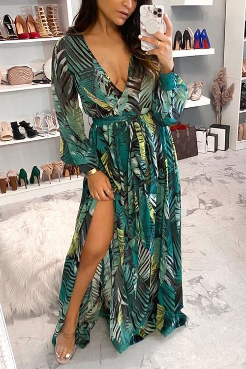 LB | Leaf Print Belt Wrap Long Sleeve Maxi Dress