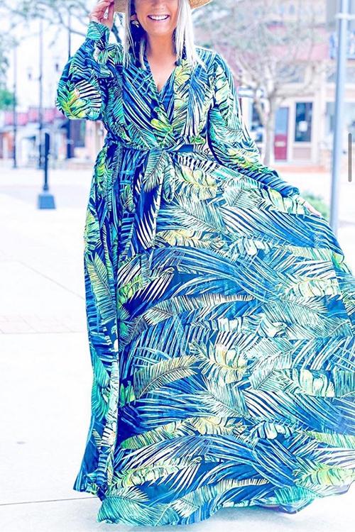LB | Leaf Print Belt Wrap Long Sleeve Maxi Dress