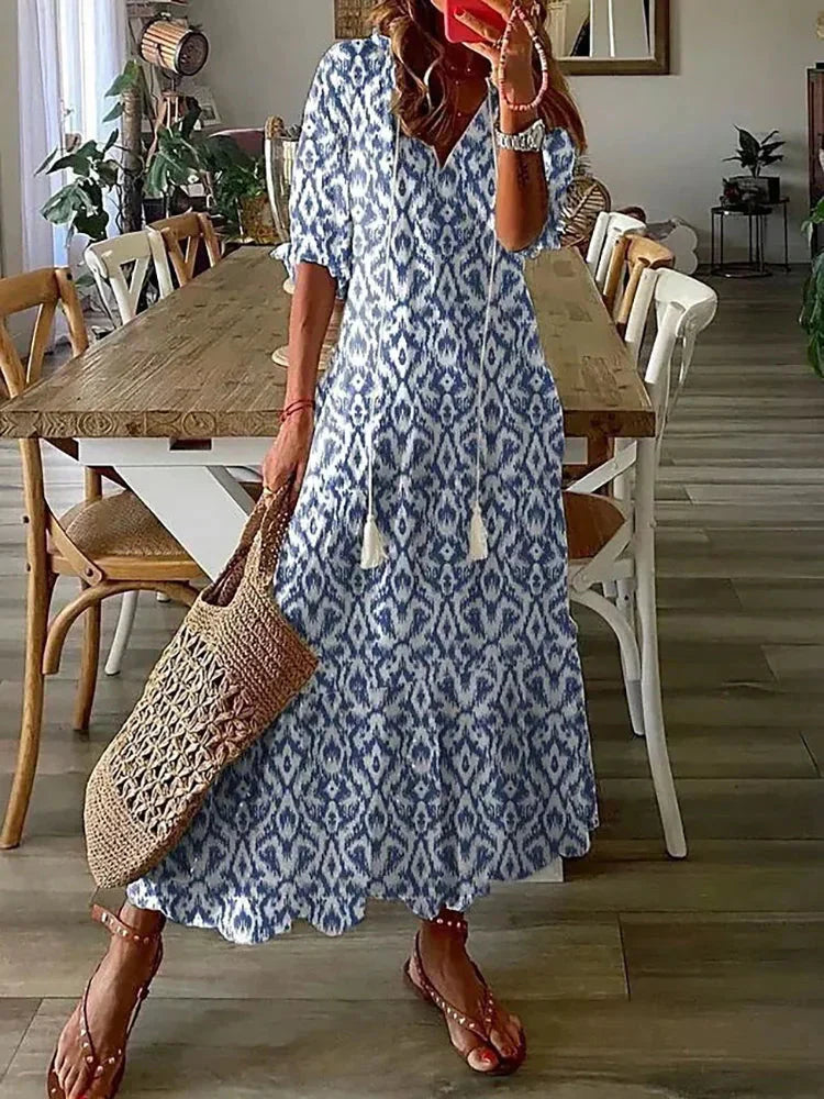 LB | Boho wzorzysta sukienka midi z krótkim rękawem