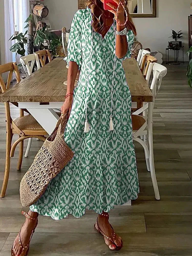 LB | Boho wzorzysta sukienka midi z krótkim rękawem