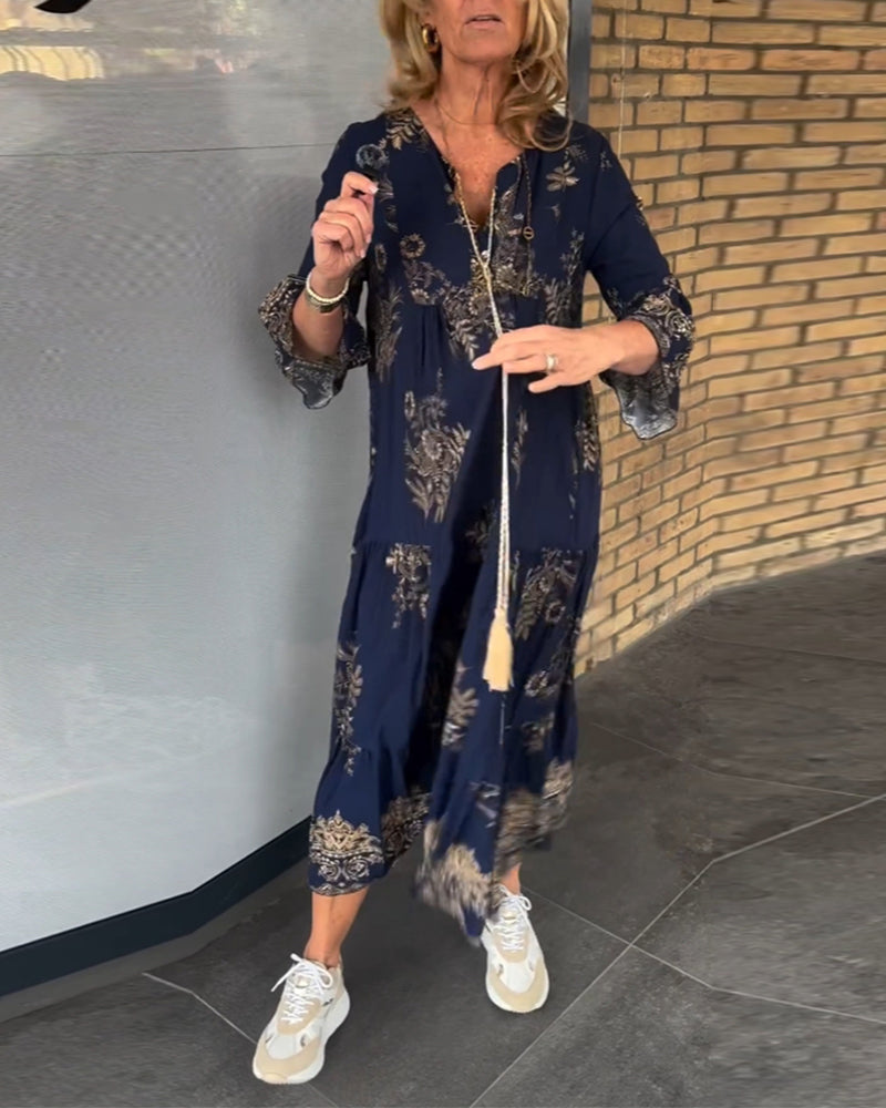 LB | Nora ���� Vintage luźna sukienka midi z dekoltem w szpic