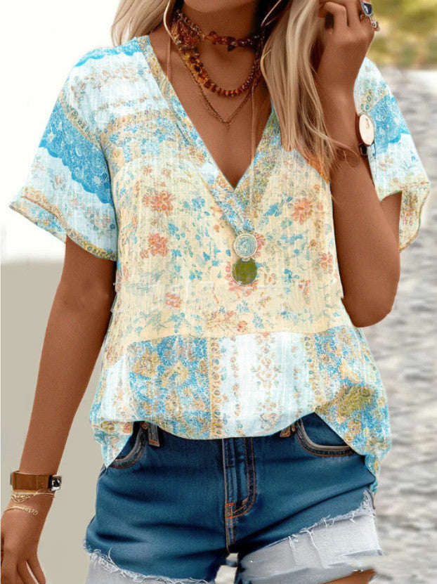 LB | Damska koszulka Boho V-Neck z krótkim rękawem