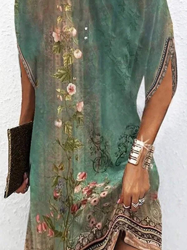 LB | Batwing sleeves Luźna mini sukienka z kwiatowym nadrukiem i okrągłym dekoltem