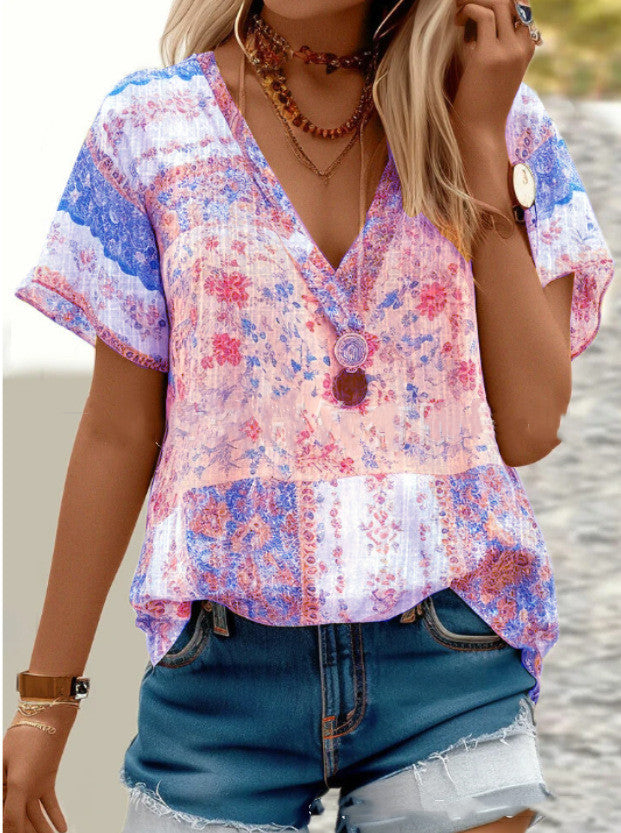 LB | Damska koszulka Boho V-Neck z krótkim rękawem