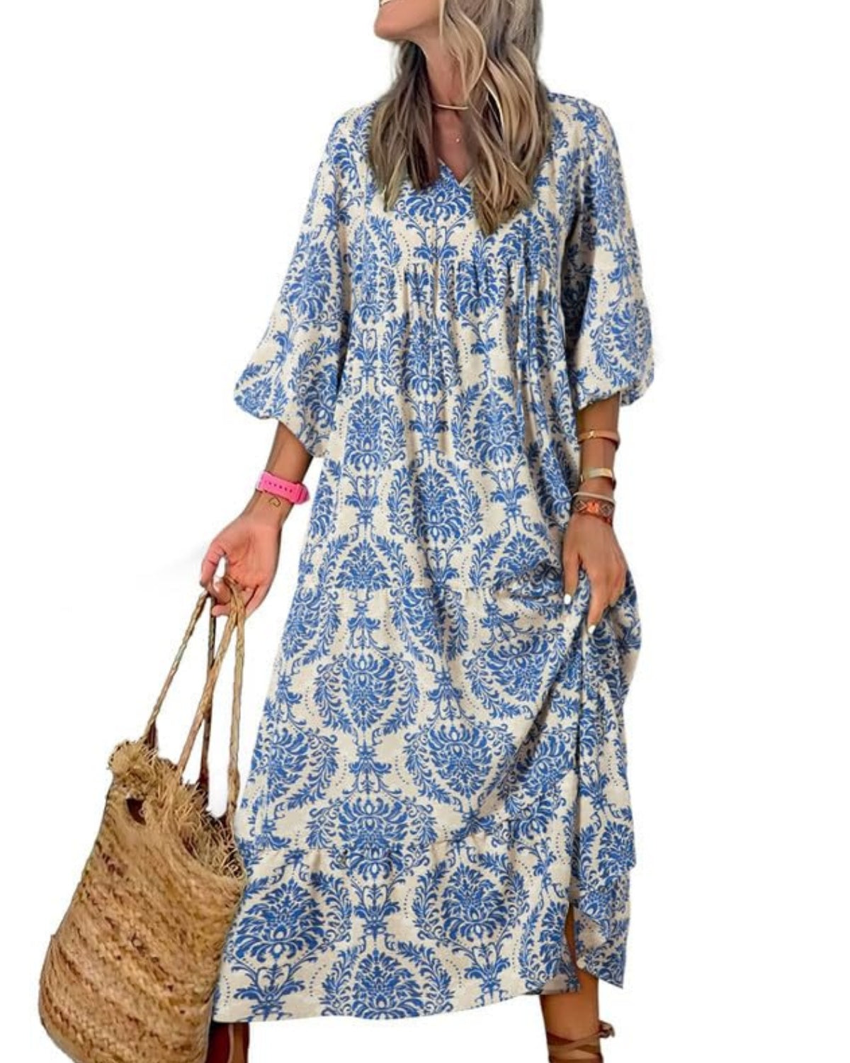 LB | WINONA ���� DAMSKA SUKIENKA MAXI Z BUFIASTYMI RĘKAWAMI W GEOMETRYCZNYM STYLU BOHO