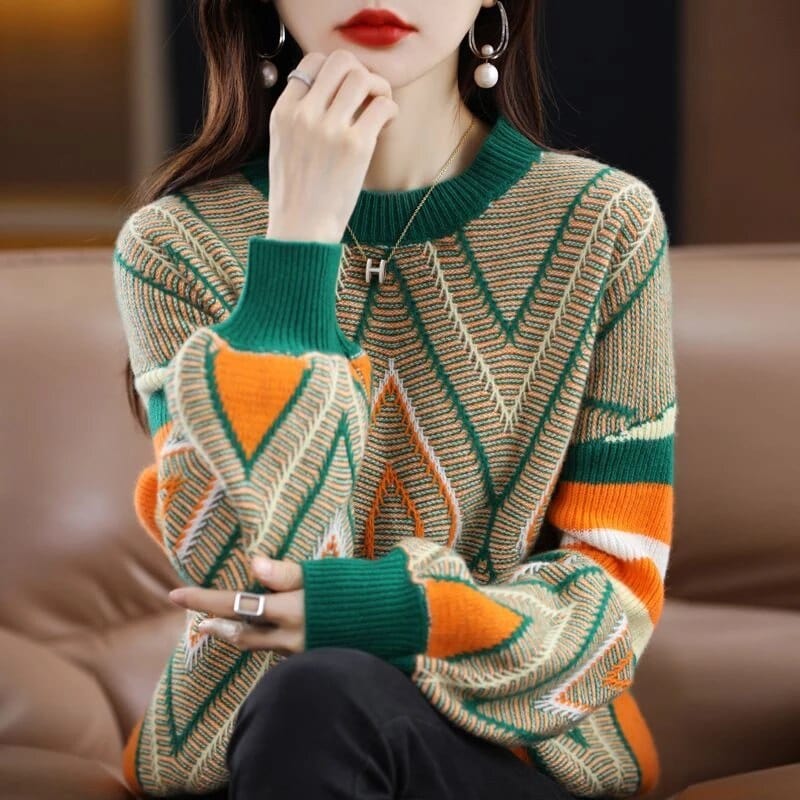 AS | A'leurs - Elegancki sweter w zielono-pomarańczowy wzór