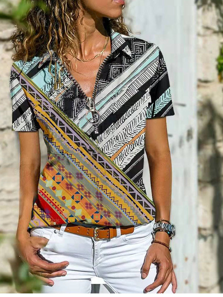 LB | Bohemian West Ethnic Zip Top Koszulka z krótkim rękawem