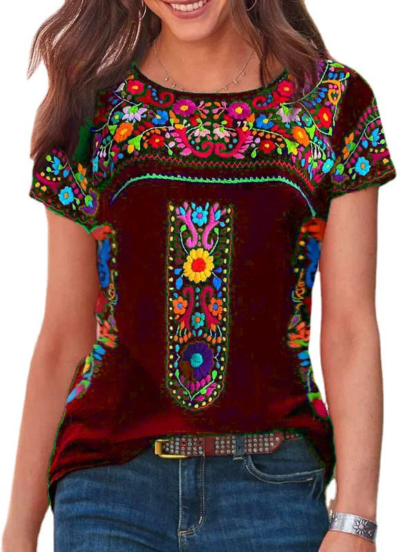LB | Boho Print Okrągły dekolt Koszulka z krótkim rękawem Top