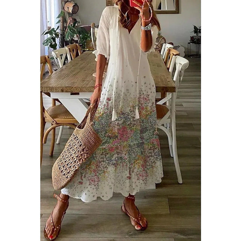 LB | Elegancka luźna bawełniana lniana sukienka maxi 1 + 1 GRATIS