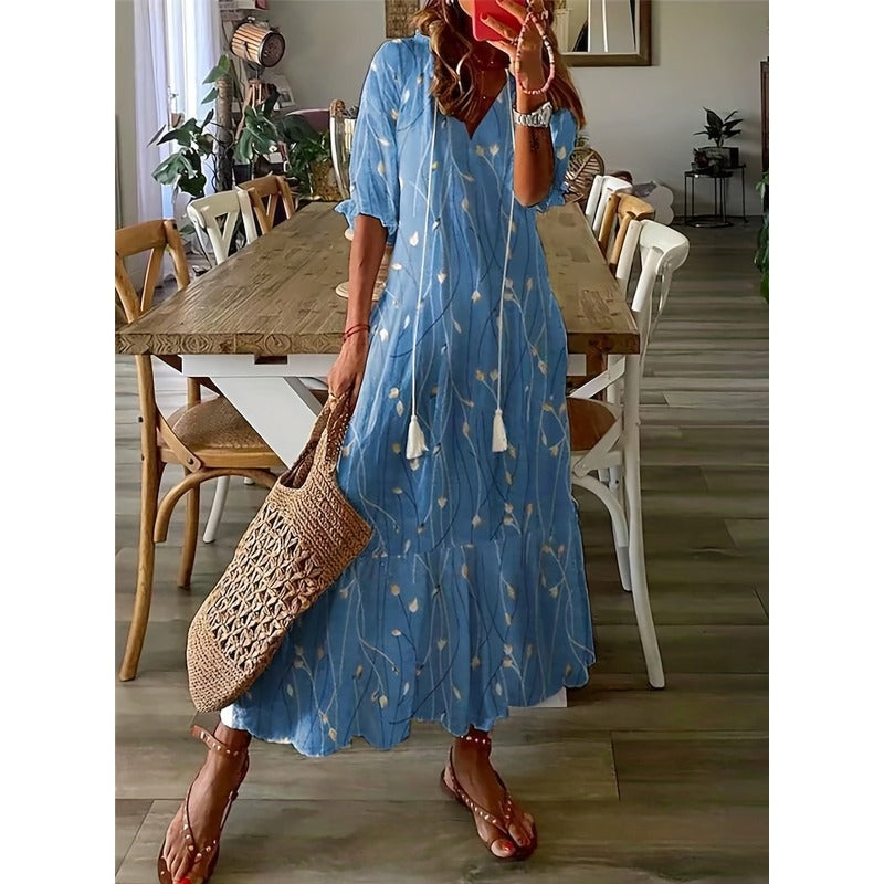 LB | Elegancka luźna bawełniana lniana sukienka maxi 1 + 1 GRATIS