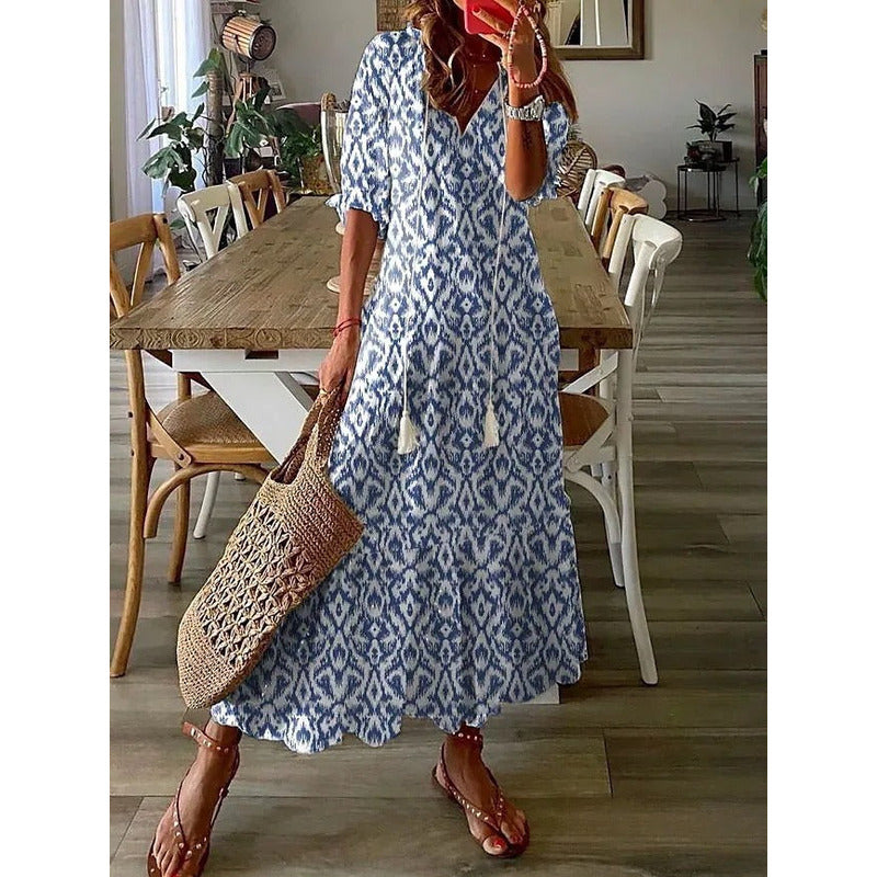 LB | Elegancka luźna bawełniana lniana sukienka maxi 1 + 1 GRATIS
