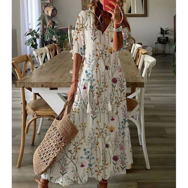 LB | Elegancka luźna bawełniana lniana sukienka maxi 1 + 1 GRATIS