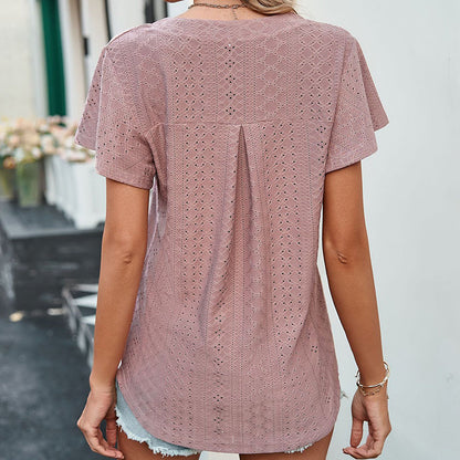 LB | Ladies V-Neck Flutter Ruffle Hollow Out Solid Koszulka z krótkim rękawem