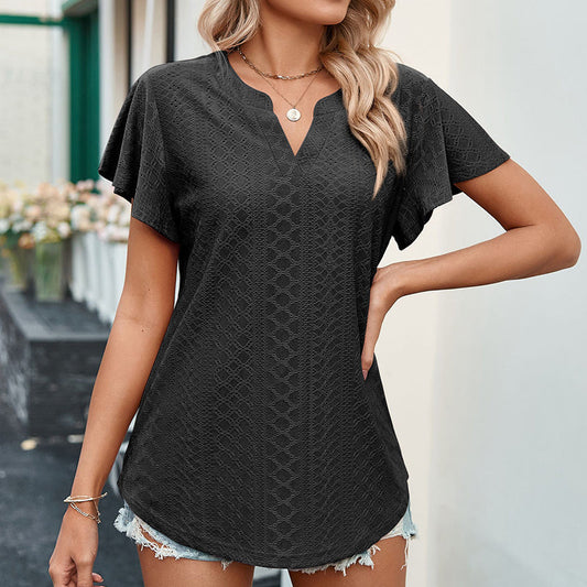 LB | Ladies V-Neck Flutter Ruffle Hollow Out Solid Koszulka z krótkim rękawem