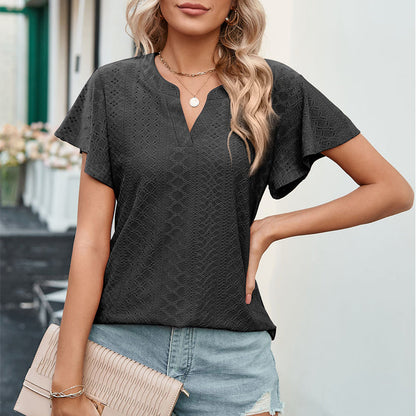 LB | Ladies V-Neck Flutter Ruffle Hollow Out Solid Koszulka z krótkim rękawem