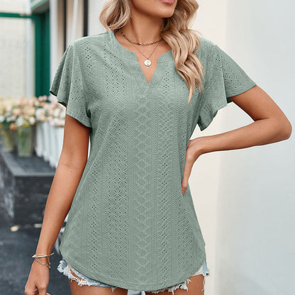 LB | Ladies V-Neck Flutter Ruffle Hollow Out Solid Koszulka z krótkim rękawem